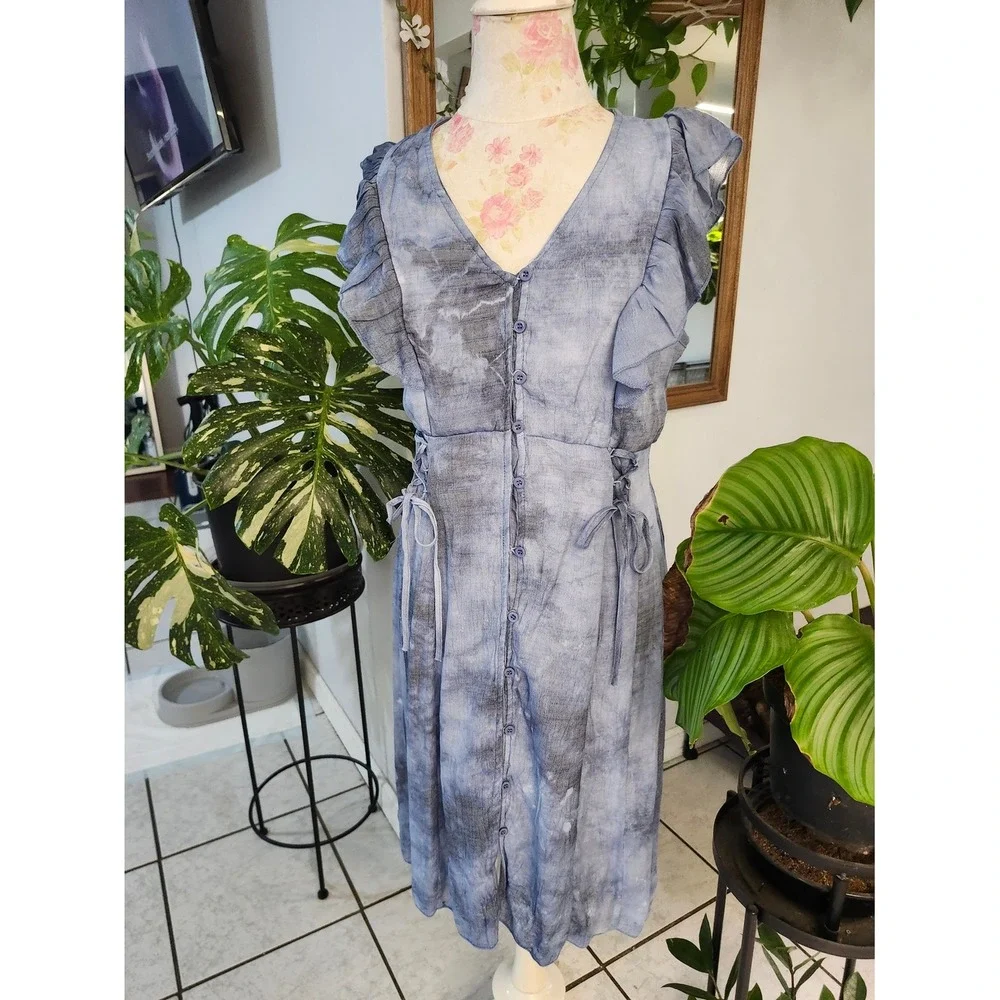 Women's Blue Button-Front‎ Midi Dress with Ruffle Sleeves